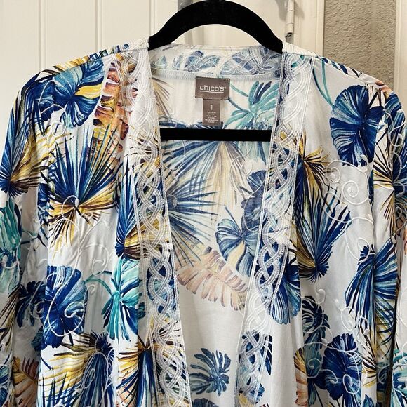 Chicos Size 1 Floral Tropical Palm Leaf Open Front Waterfall Cardigan Kimono M - Picture 2 of 11